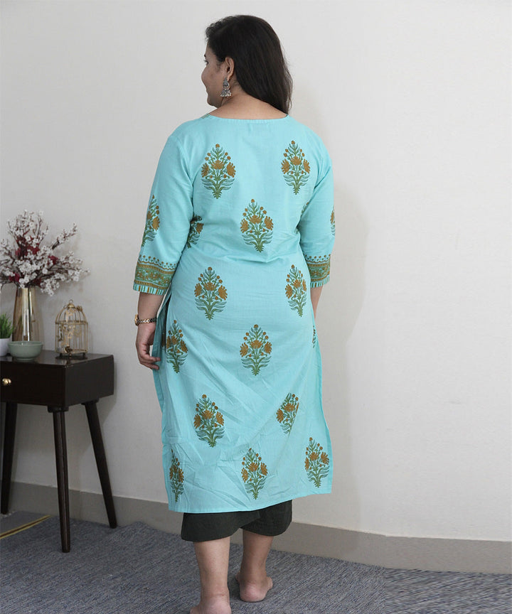 Sky blue handblock printed cotton floral kurti