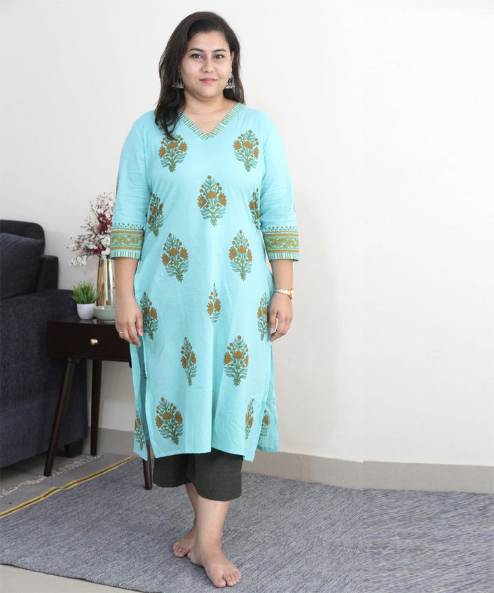 Sky blue handblock printed cotton floral kurti