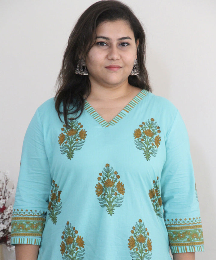 Sky blue handblock printed cotton floral kurti