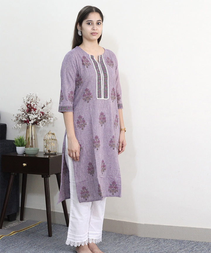 Lavender handblock printed cotton floral kurti