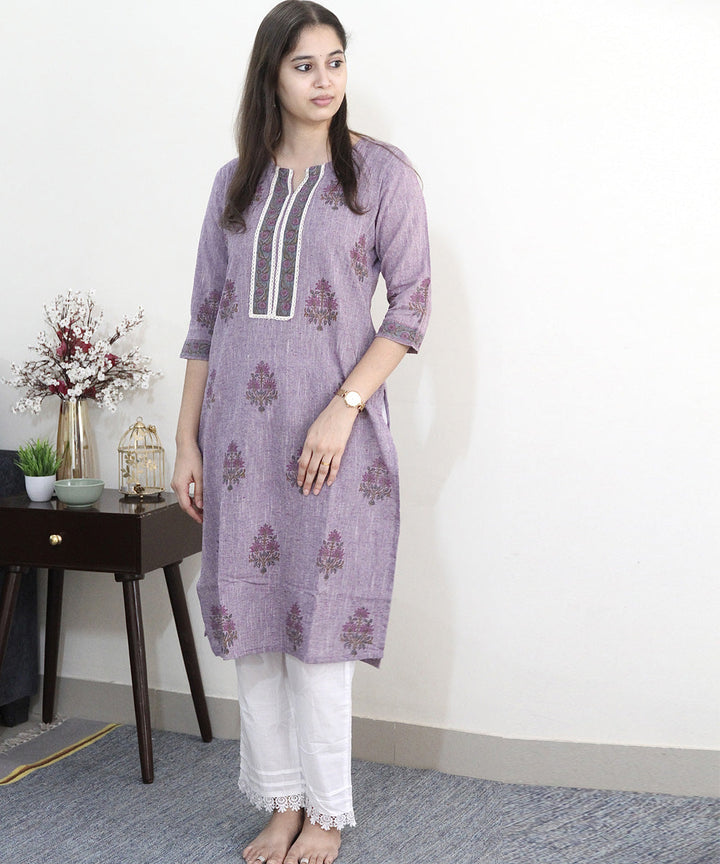 Lavender handblock printed cotton floral kurti
