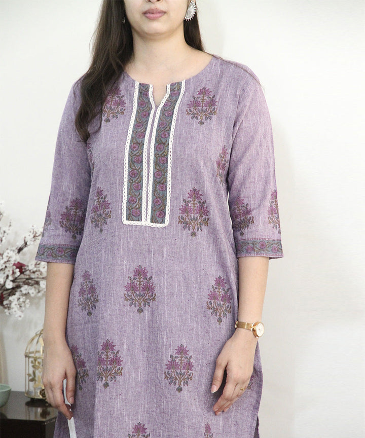 Lavender handblock printed cotton floral kurti