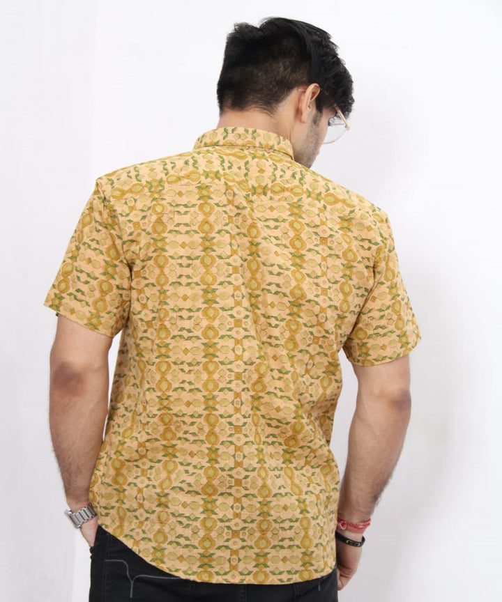 Yellow handblock printed cotton half sleeves shirt