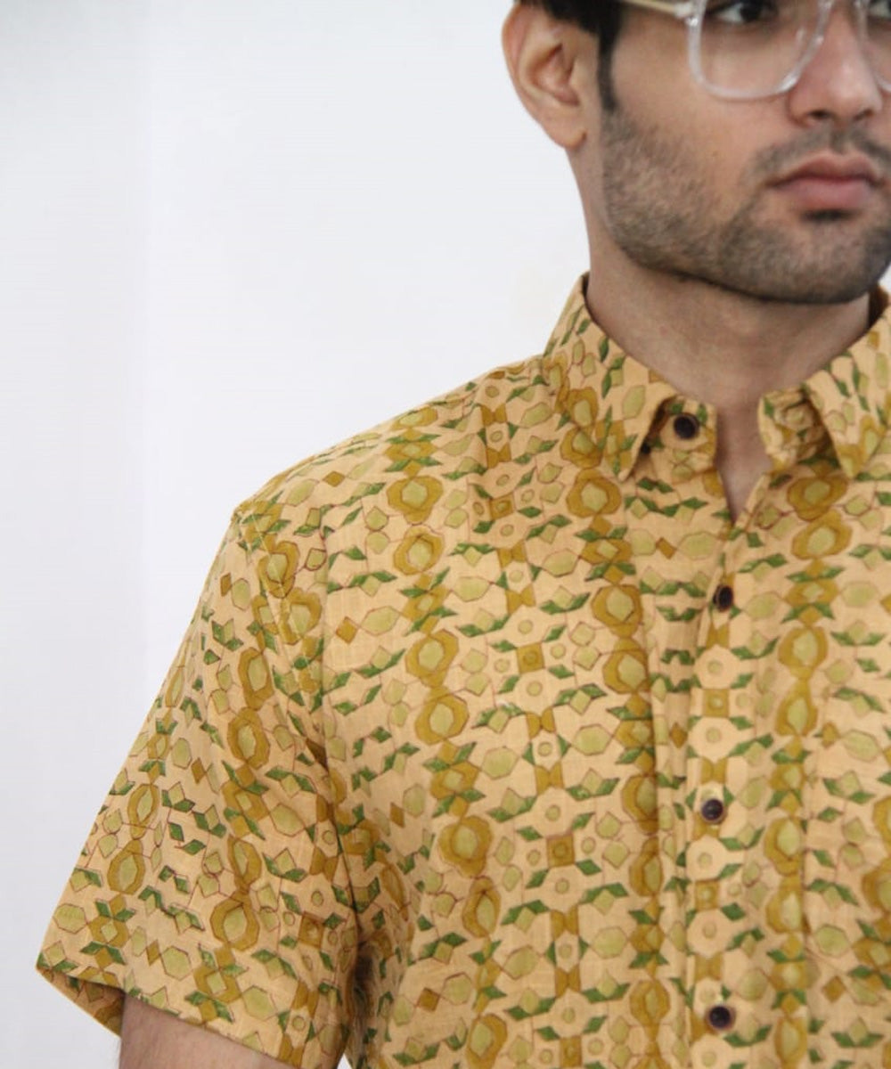 Yellow handblock printed cotton half sleeves shirt