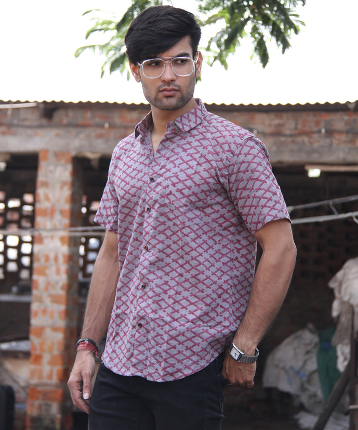 Purple diamond handblock printed cotton half sleeves shirt