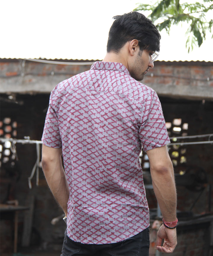 Purple diamond handblock printed cotton half sleeves shirt