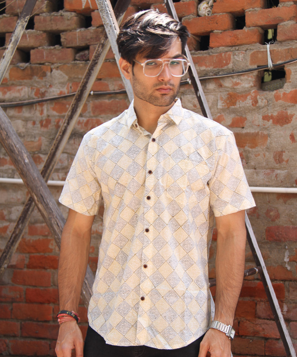 Cream geometric handblock printed cotton half sleeves shirt - Main Image