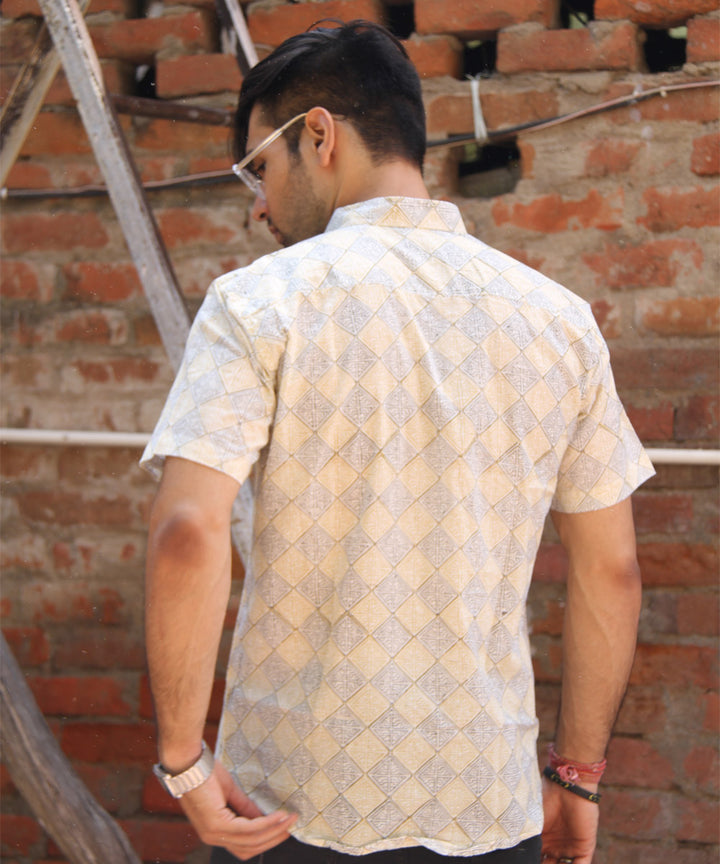 Cream geometric handblock printed cotton half sleeves shirt