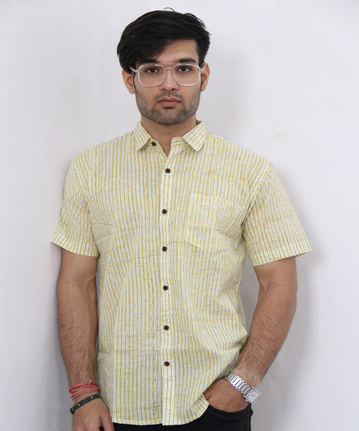 Off white stripe handblock printed cotton half sleeves shirt
