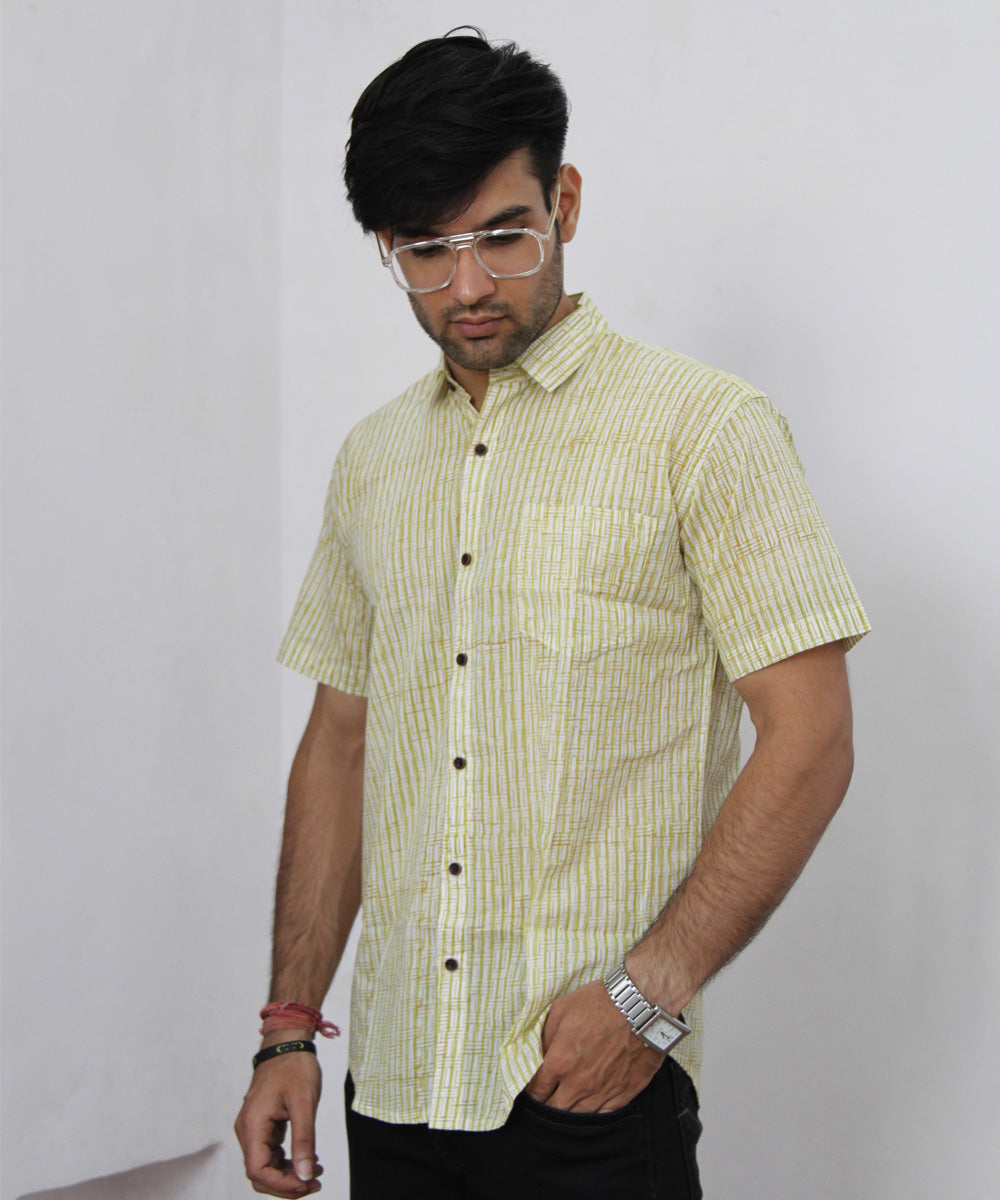 Off white stripe handblock printed cotton half sleeves shirt