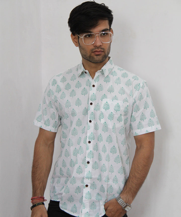 Blue leaf handblock printed cotton half sleeves shirt
