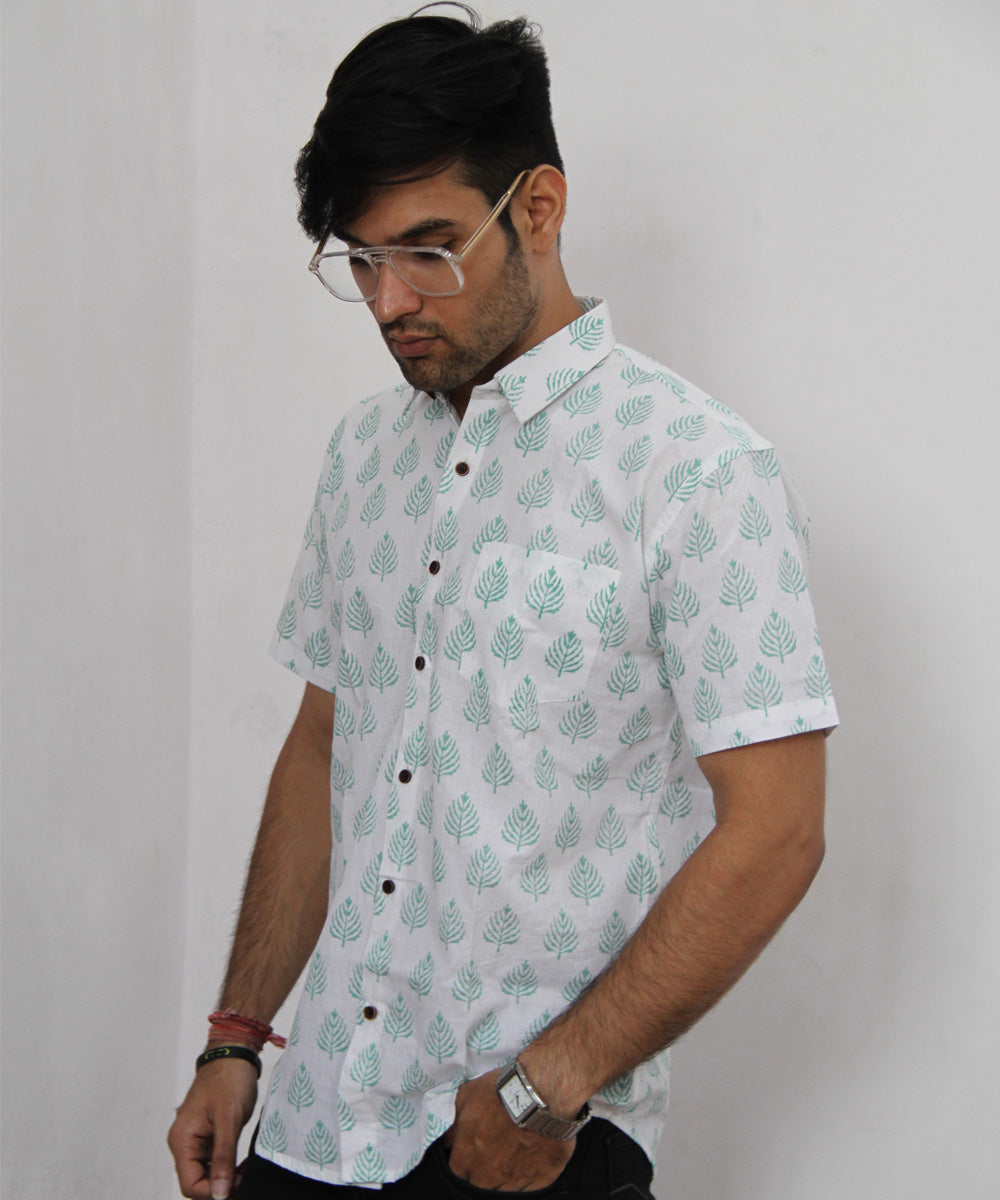 Blue leaf handblock printed cotton half sleeves shirt
