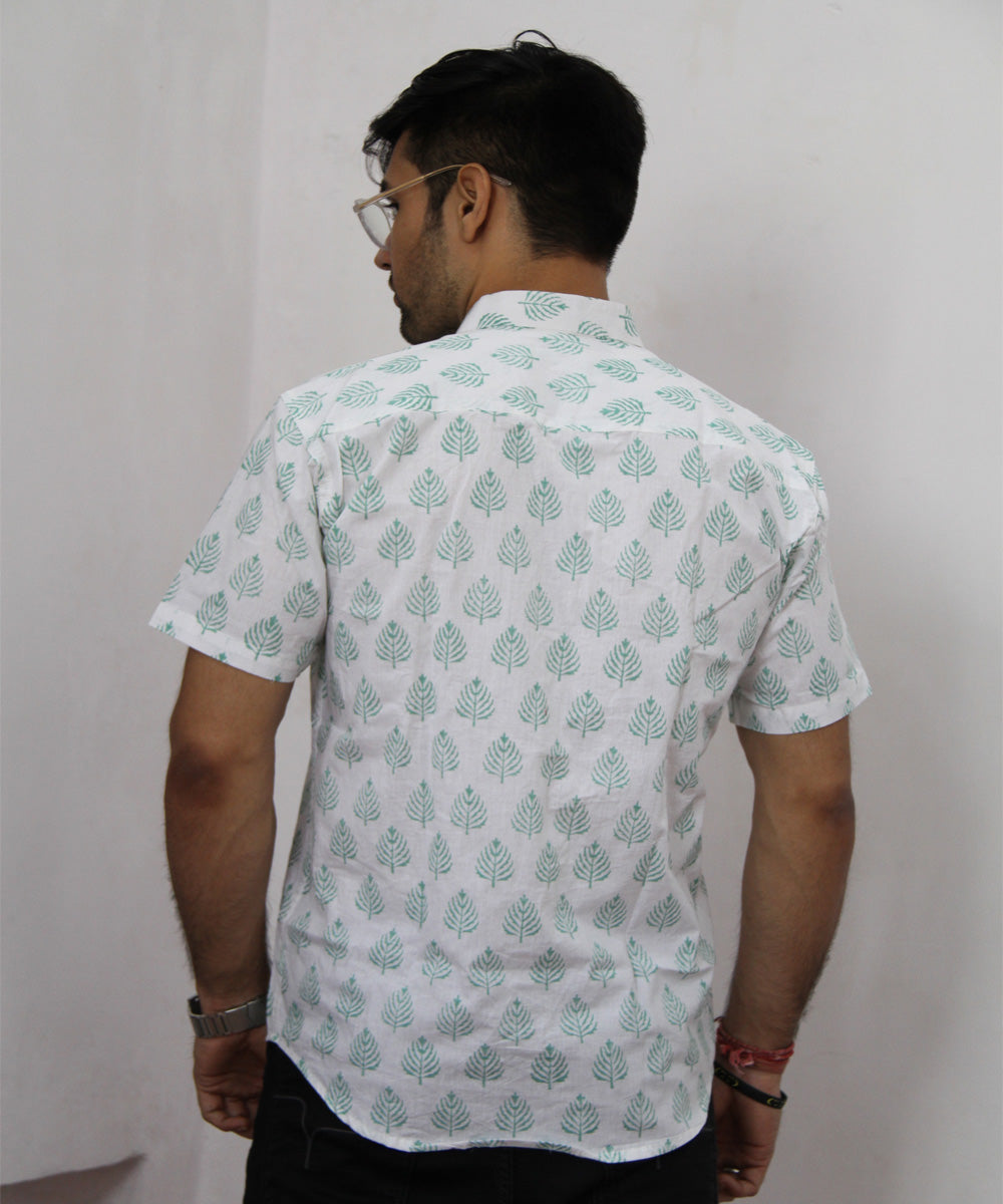 Blue leaf handblock printed cotton half sleeves shirt