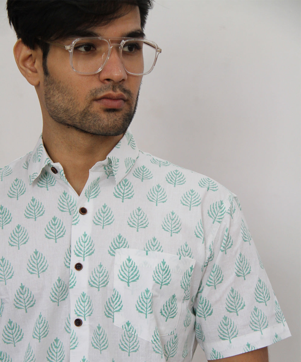 Blue leaf handblock printed cotton half sleeves shirt