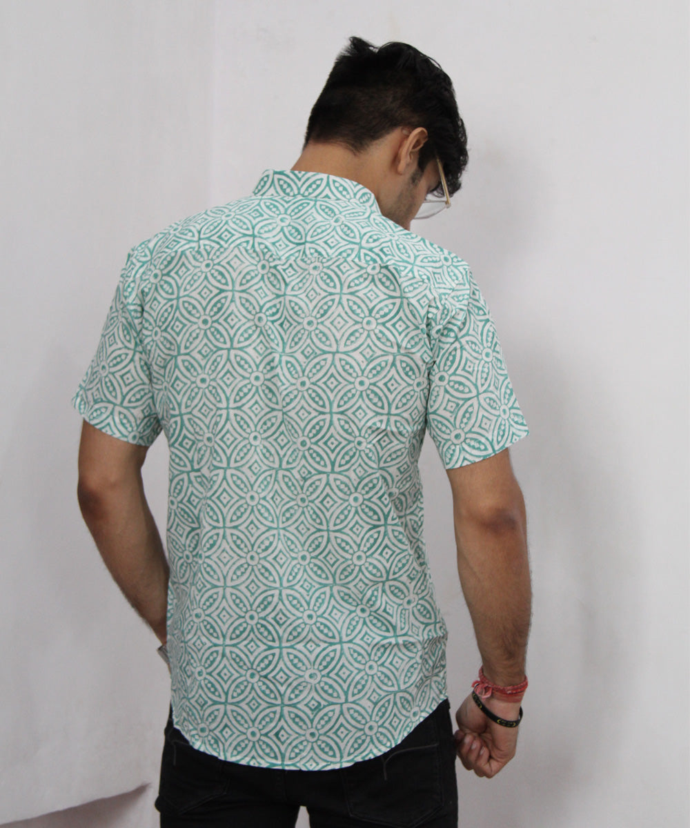White handblock printed cotton half sleeves shirt