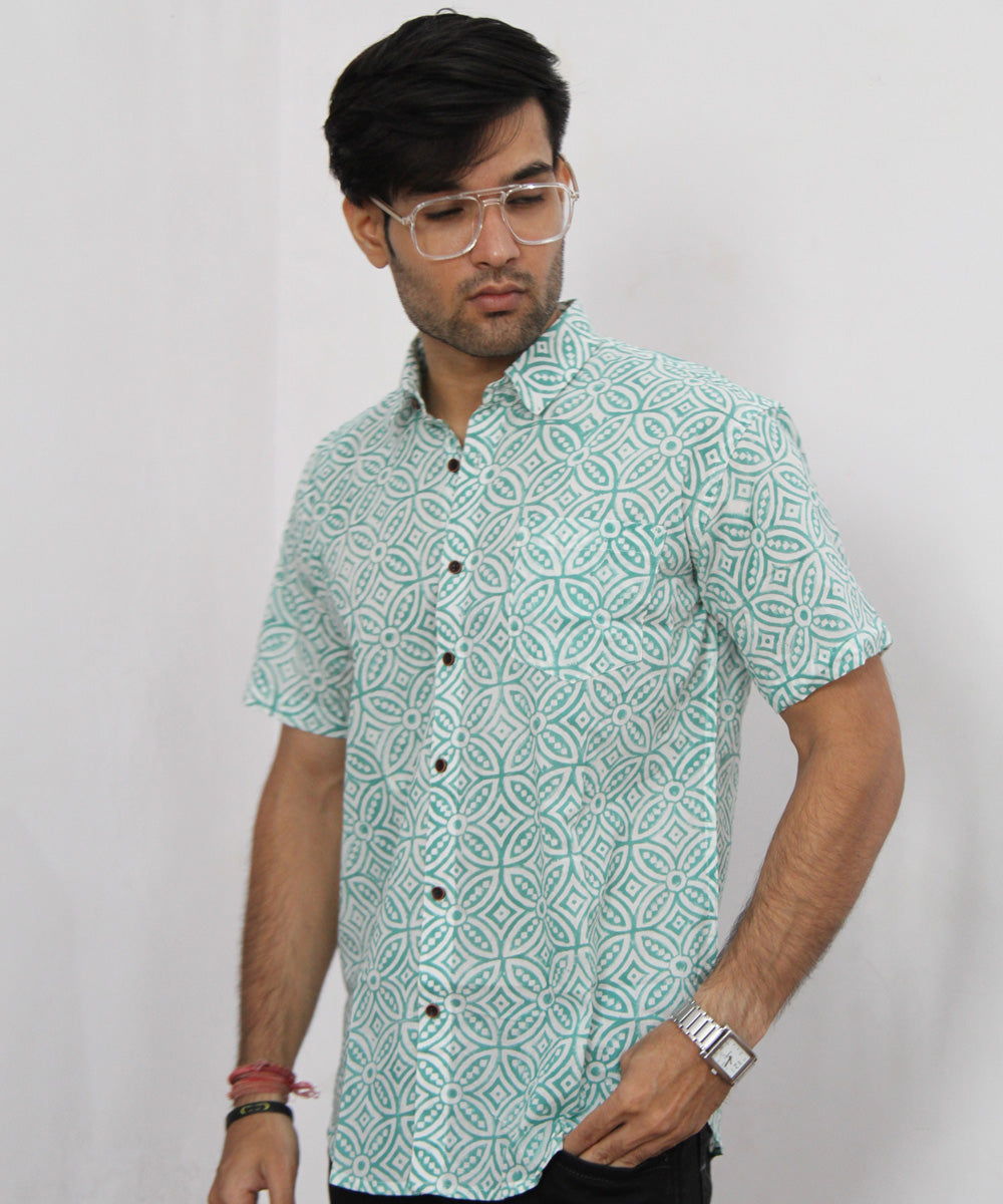 White handblock printed cotton half sleeves shirt