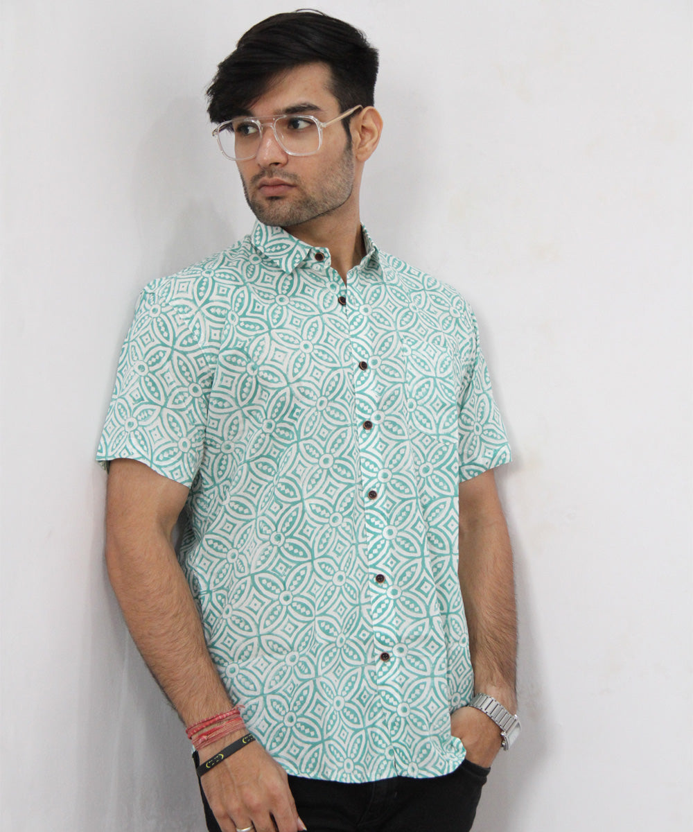 White handblock printed cotton half sleeves shirt