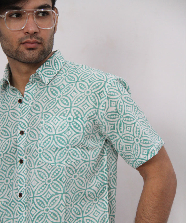 White handblock printed cotton half sleeves shirt