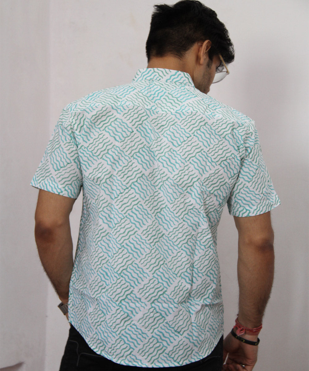 White wave handblock printed cotton half sleeves shirt