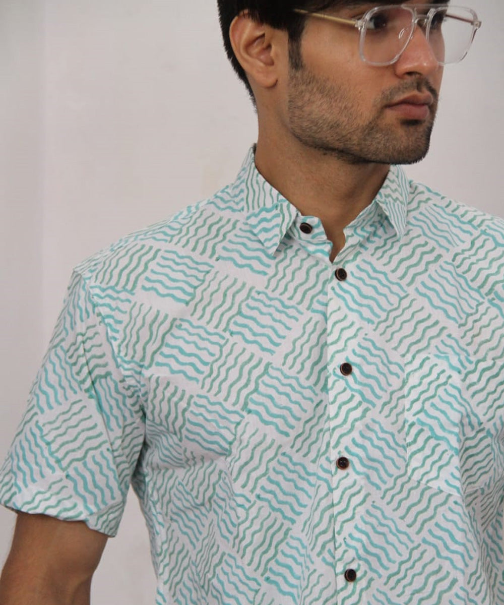 White wave handblock printed cotton half sleeves shirt
