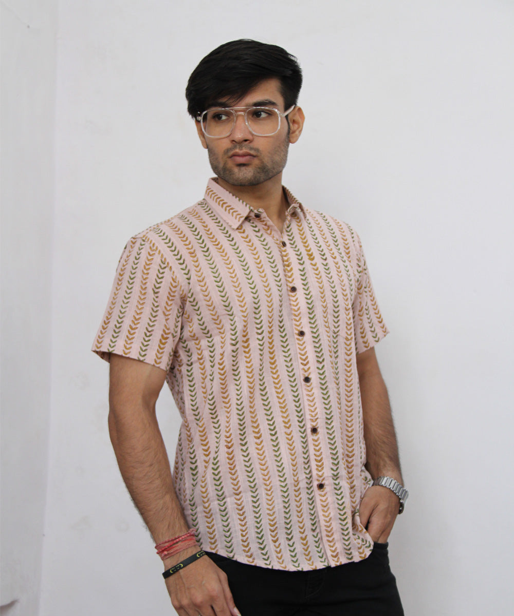 White parcha leaf handblock printed cotton half sleeves shirt