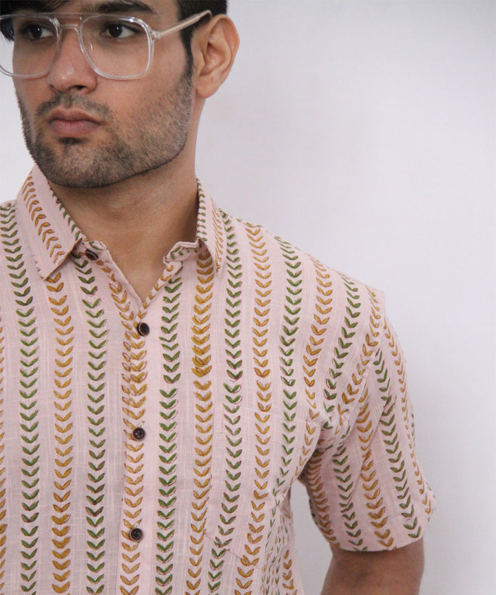 White parcha leaf handblock printed cotton half sleeves shirt