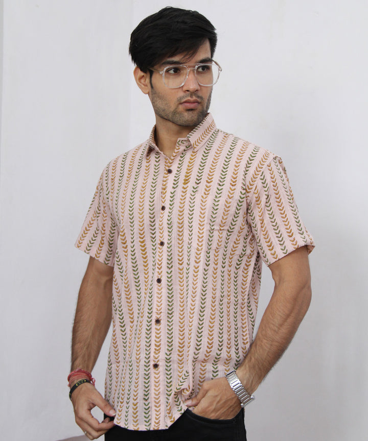 White parcha leaf handblock printed cotton half sleeves shirt