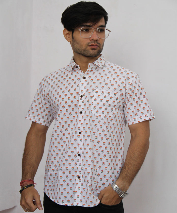 White butti hand block printed cotton half sleeves shirt