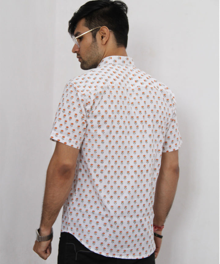 White butti hand block printed cotton half sleeves shirt