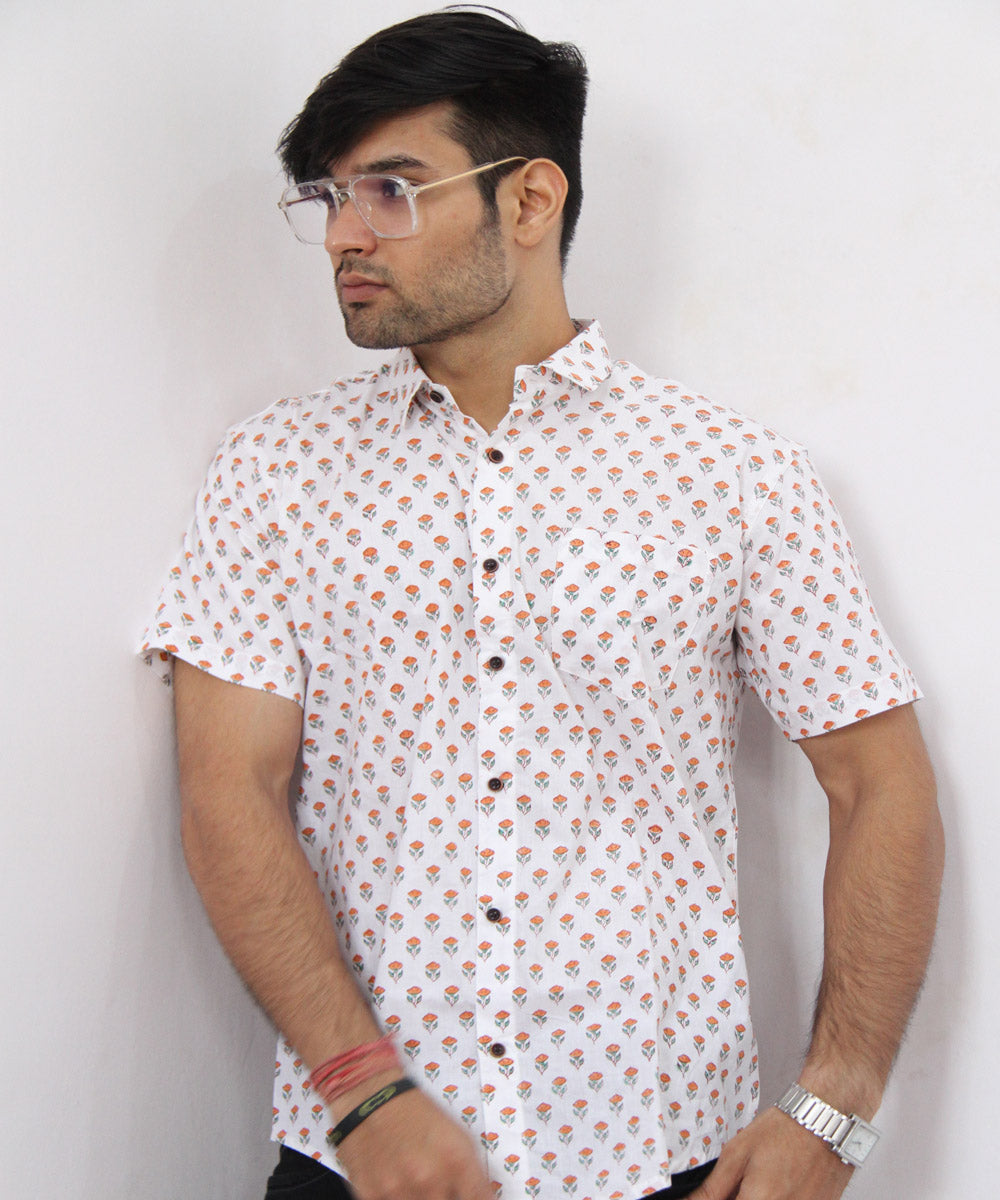 White butti hand block printed cotton half sleeves shirt
