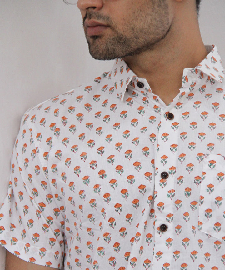 White butti hand block printed cotton half sleeves shirt