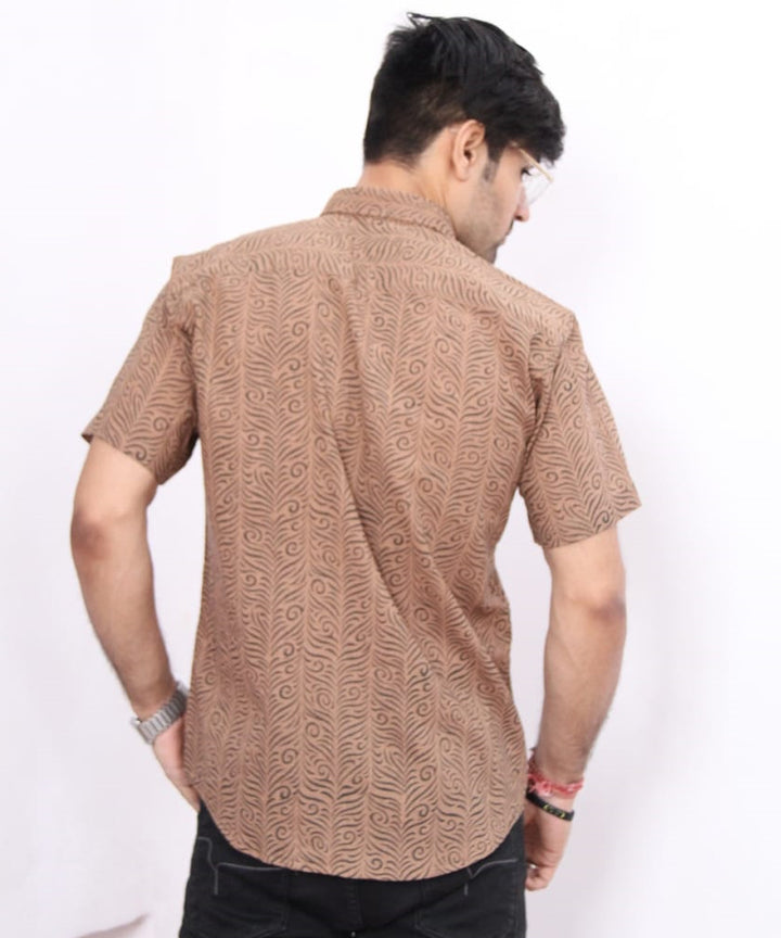 Brown feather handblock printed cotton half sleeves shirt