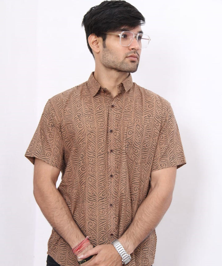 Brown feather handblock printed cotton half sleeves shirt