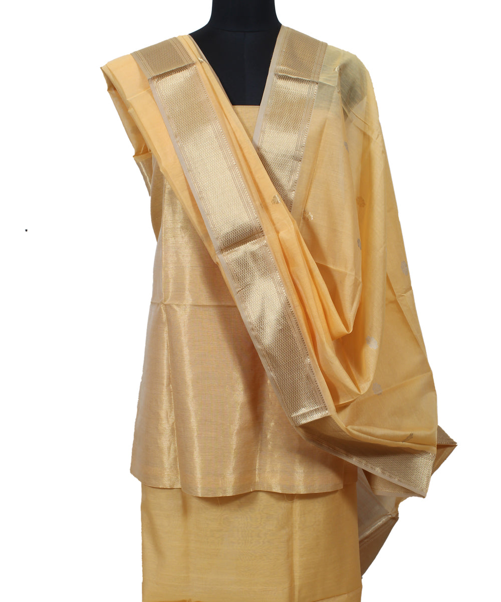 Peach gold zari handwoven cotton silk maheshwari dress material  GoSwadeshi
