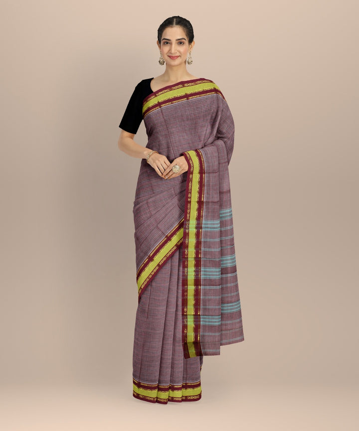 Mauve maroon lime cotton handwoven narayanapet saree