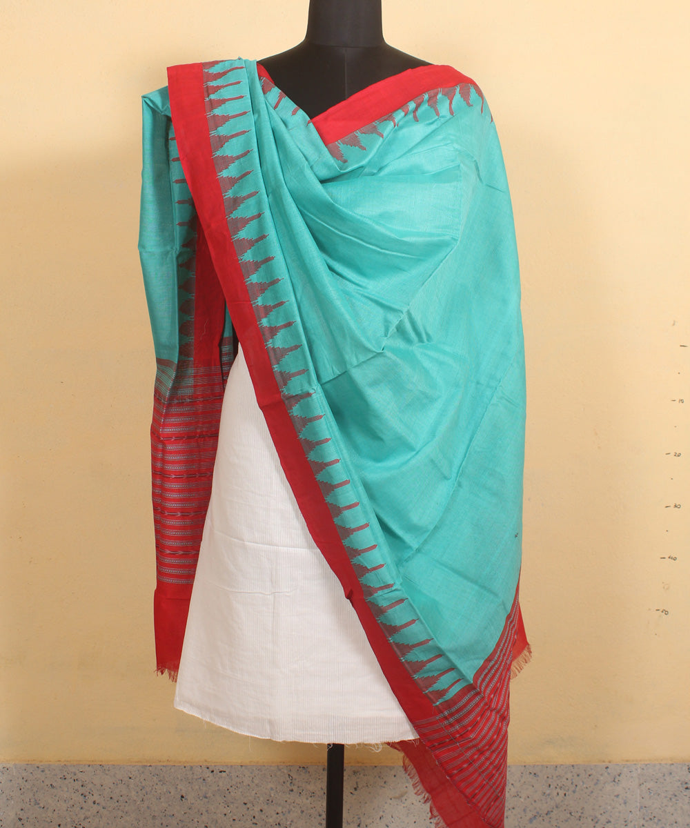 Sky blue red handwoven cotton sambalpuri dupatta