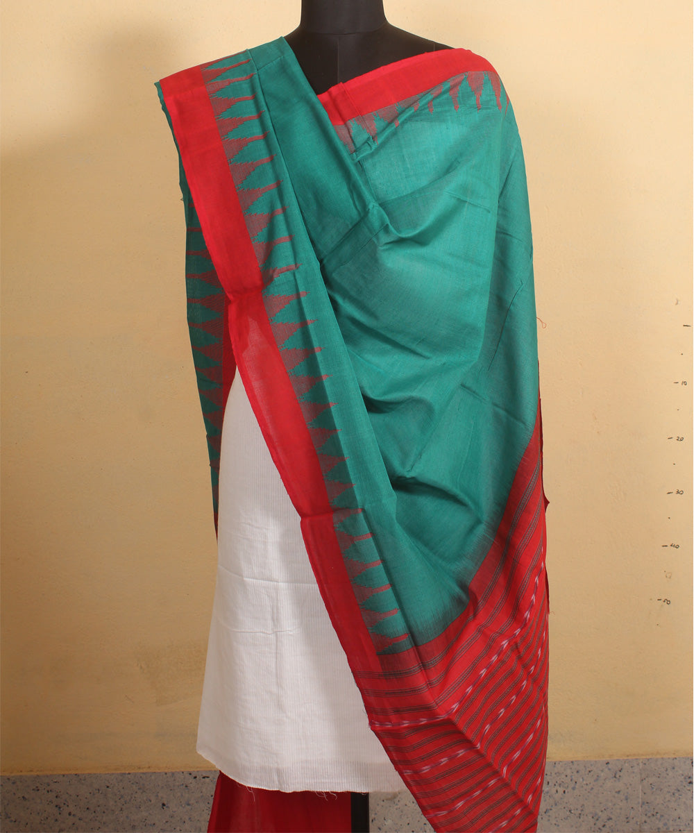 Light green red handwoven cotton sambalpuri dupatta
