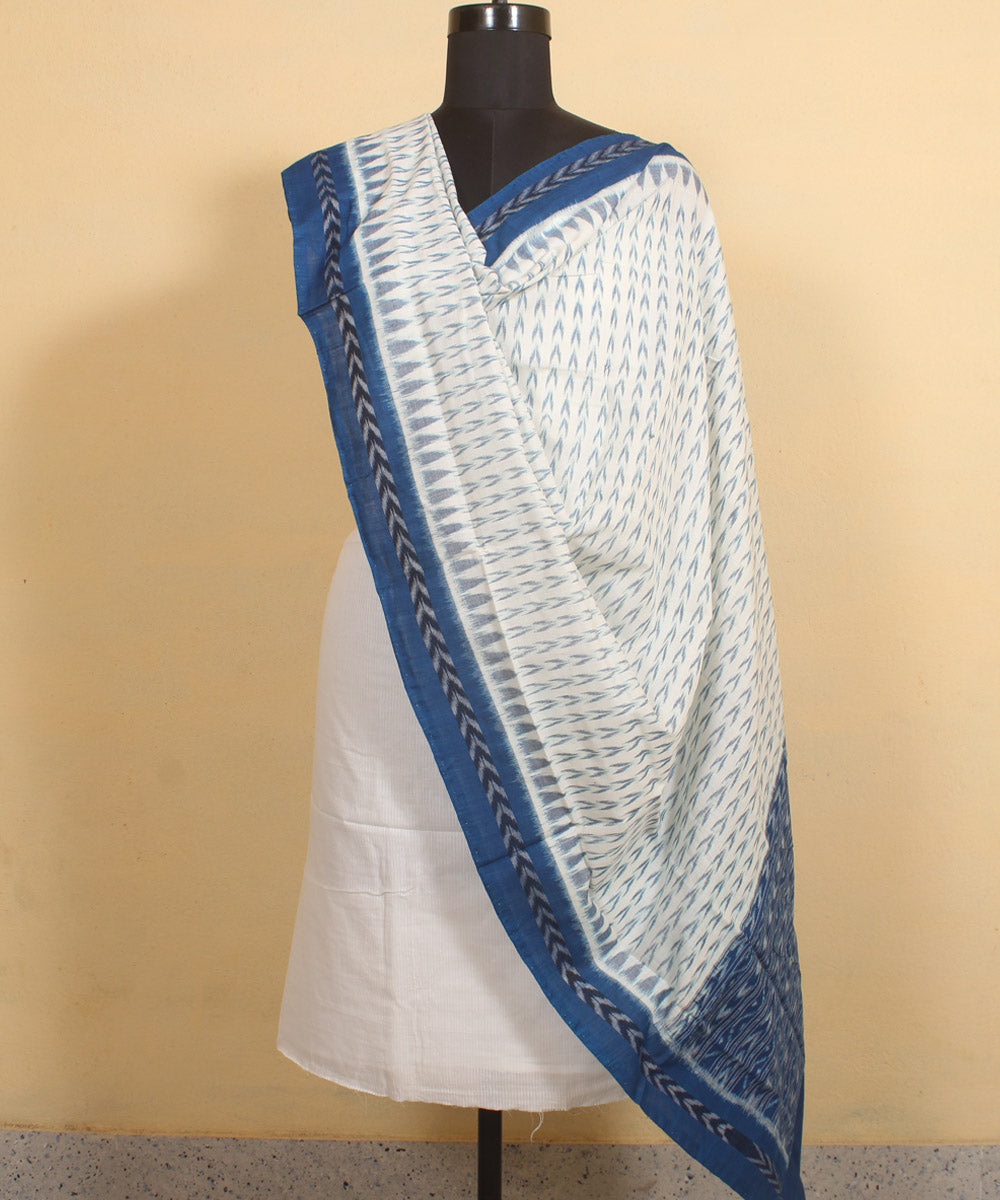 White air force blue handwoven cotton sambalpuri dupatta