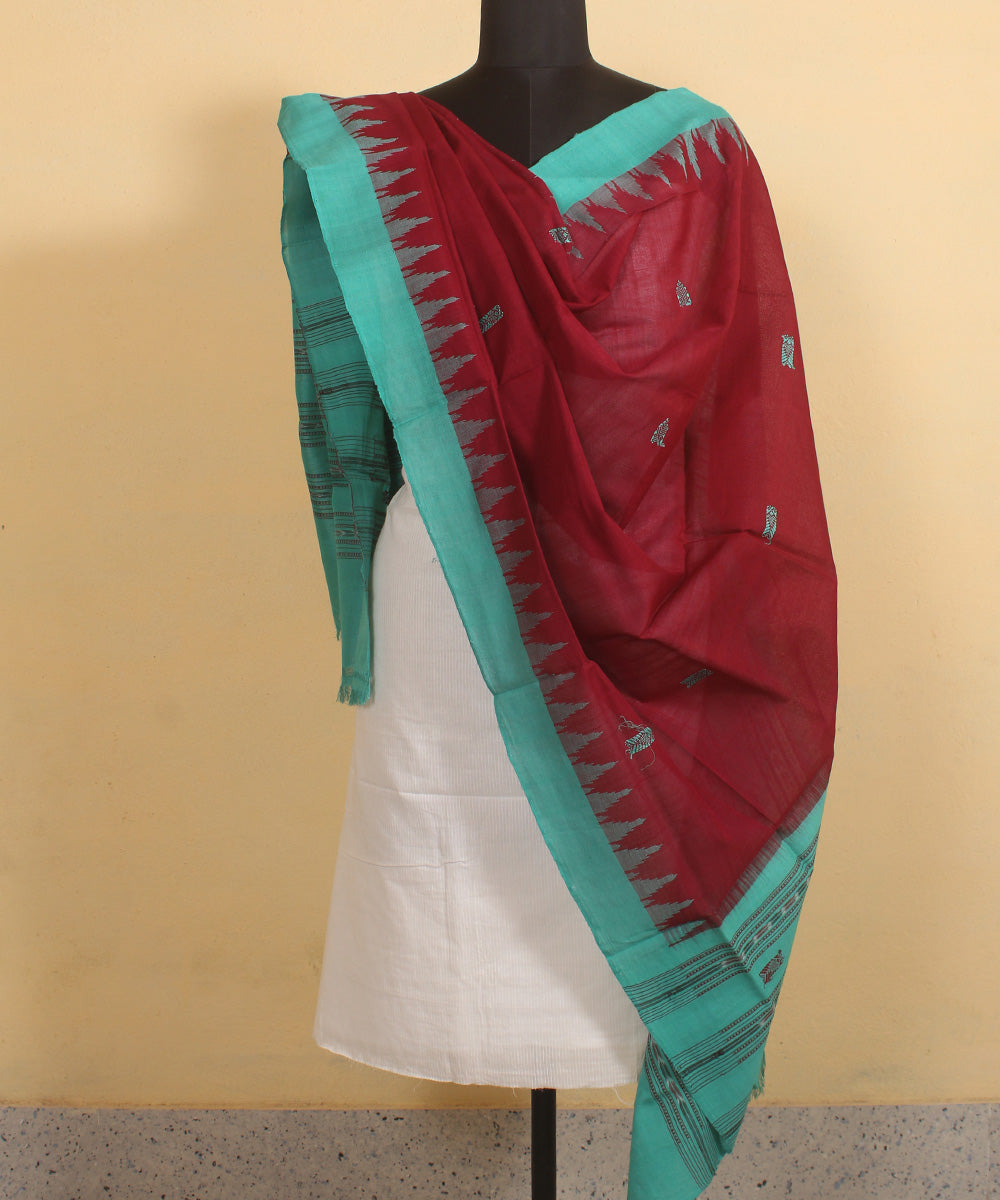 Maroon light green handwoven cotton sambalpuri dupatta