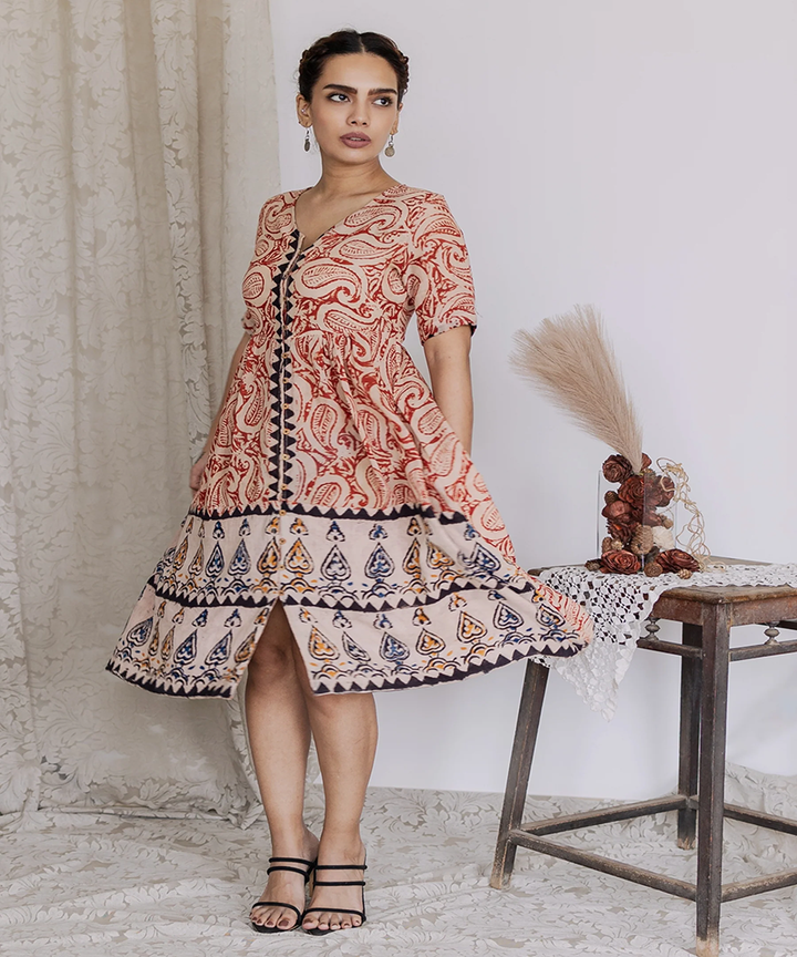 Multi handcrafted kalamkari cotton midi dress