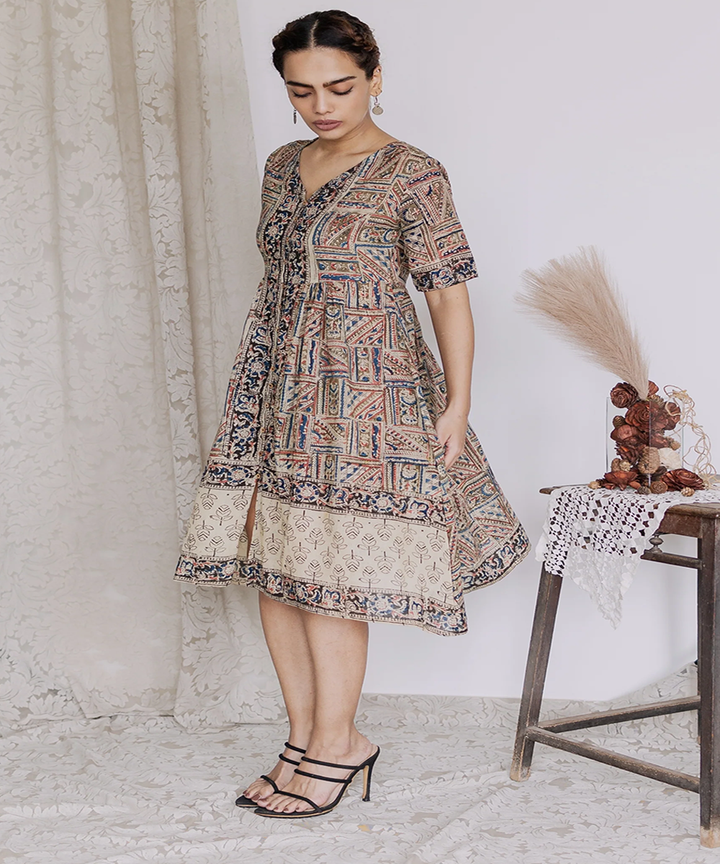 Multicolor handcrafted kalamkari cotton midi dress