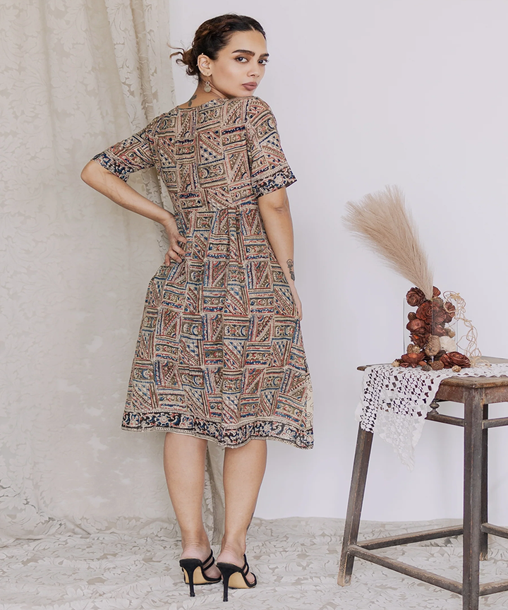 Multicolor handcrafted kalamkari cotton midi dress
