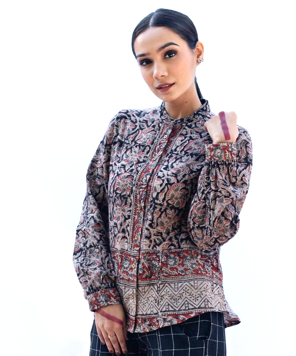 Black pink handcrafted kalamkari cotton shirt with mandarin collar ...
