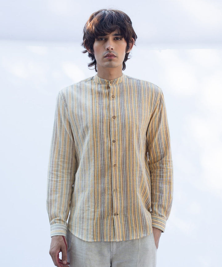Yellow handcrafted cotton striped shirt with mandarin collar