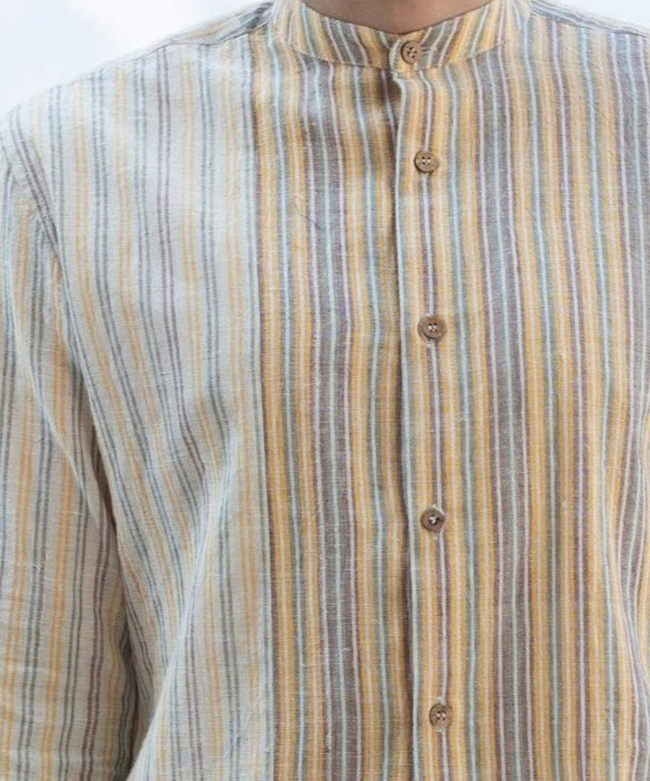 Yellow handcrafted cotton striped shirt with mandarin collar
