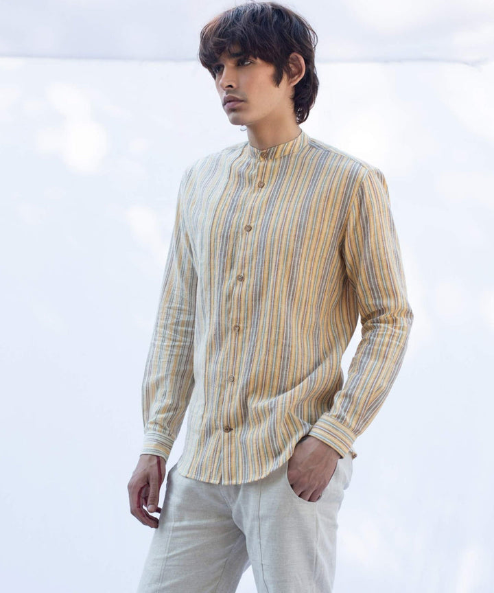 Yellow handcrafted cotton striped shirt with mandarin collar