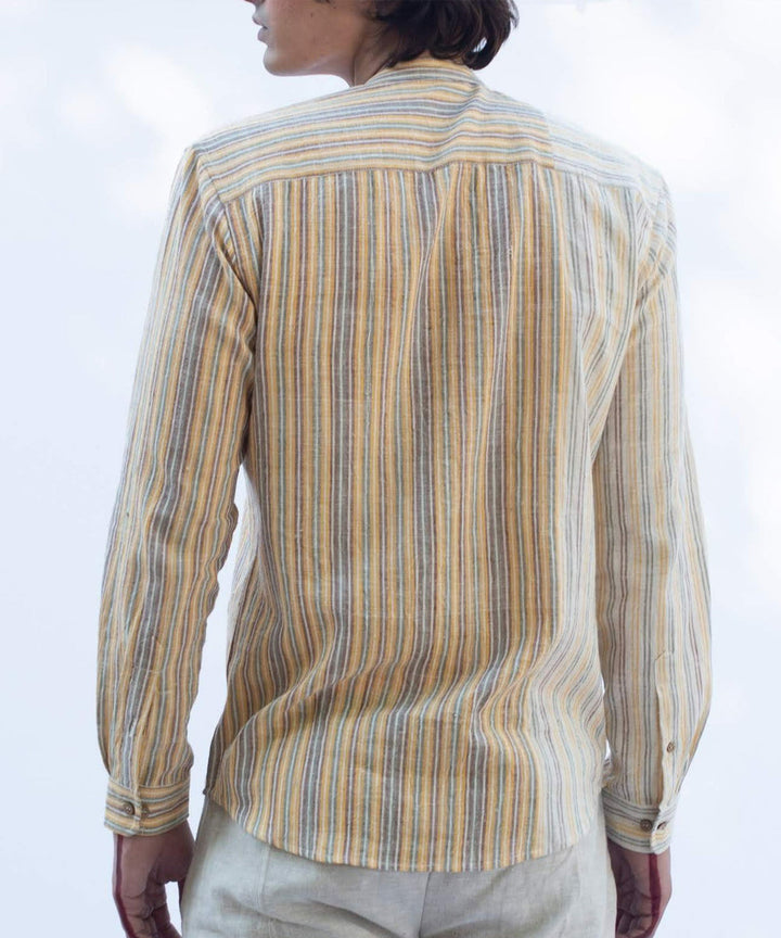 Yellow handcrafted cotton striped shirt with mandarin collar