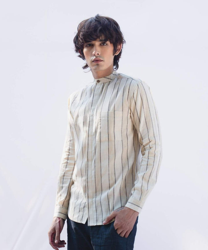 Beige handcrafted cotton striped shirt with mandarin collar
