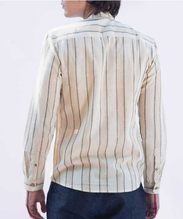 Beige handcrafted cotton striped shirt with mandarin collar