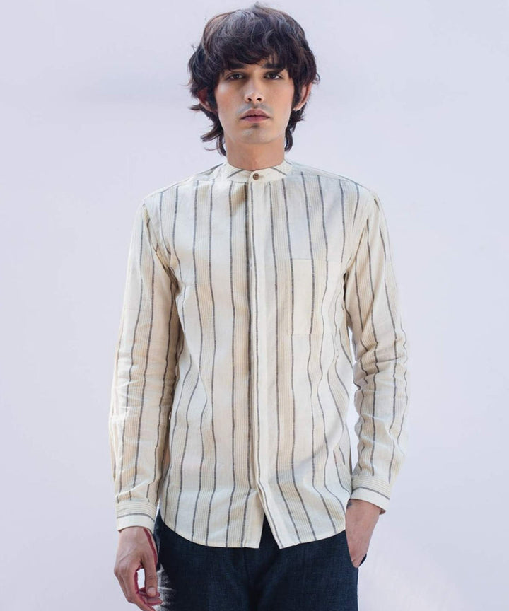 Beige handcrafted cotton striped shirt with mandarin collar